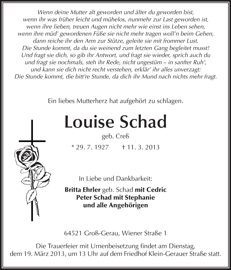  Traueranzeige für Louise Schad vom 16.03.2013 aus Rüsselsheimer Echo, Groß-Gerauer-Echo, Ried Echo