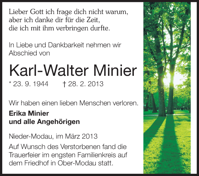  Traueranzeige für Karl-Walter Minier vom 16.03.2013 aus Echo-Zeitungen (Gesamtausgabe)