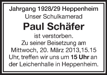 Traueranzeige von Paul Schäfer von Starkenburger Echo