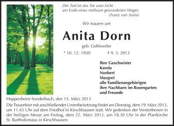 Traueranzeige von Anita Dorn von Starkenburger Echo