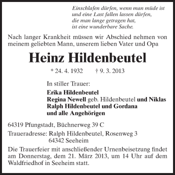 Traueranzeige von Heinz Hildenbeutel von Echo-Zeitungen (Gesamtausgabe)