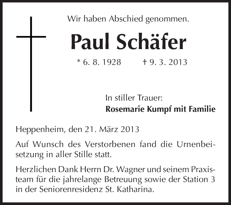  Traueranzeige für Paul Schäfer vom 21.03.2013 aus Starkenburger Echo
