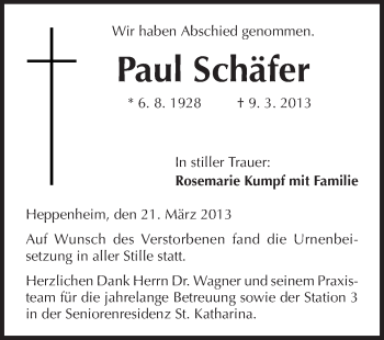 Traueranzeige von Paul Schäfer von Starkenburger Echo