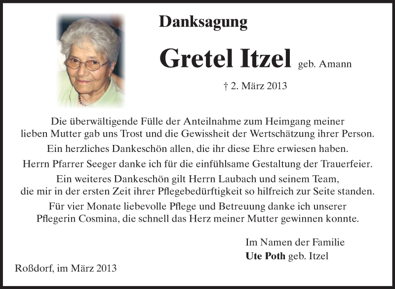  Traueranzeige für Gretel Itzel vom 16.03.2013 aus Echo-Zeitungen (Gesamtausgabe)