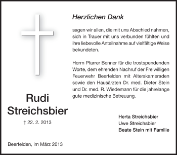 Traueranzeige von Rudi Streichsbier von Odenwälder Echo