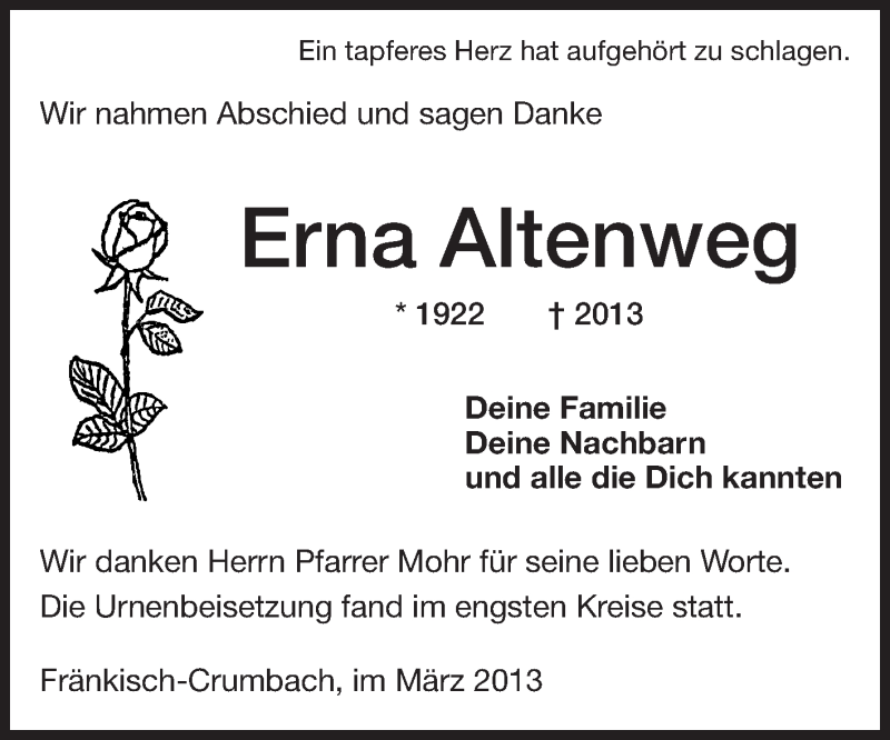 Traueranzeige für Erna Altenweg vom 16.03.2013 aus Odenwälder Echo