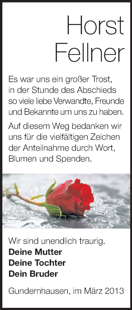  Traueranzeige für Horst Fellner vom 16.03.2013 aus Echo-Zeitungen (Gesamtausgabe)