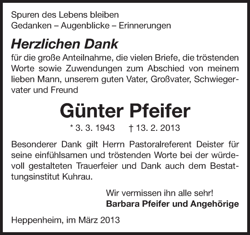  Traueranzeige für Günter Pfeifer vom 16.03.2013 aus Starkenburger Echo