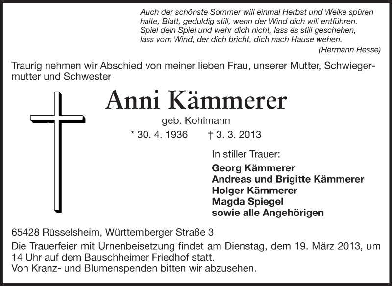  Traueranzeige für Anni Kämmerer vom 15.03.2013 aus Rüsselsheimer Echo, Groß-Gerauer-Echo, Ried Echo