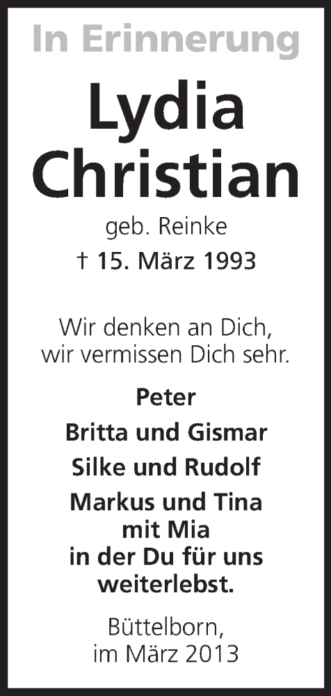  Traueranzeige für Lydia Christian vom 15.03.2013 aus Rüsselsheimer Echo, Groß-Gerauer-Echo, Ried Echo