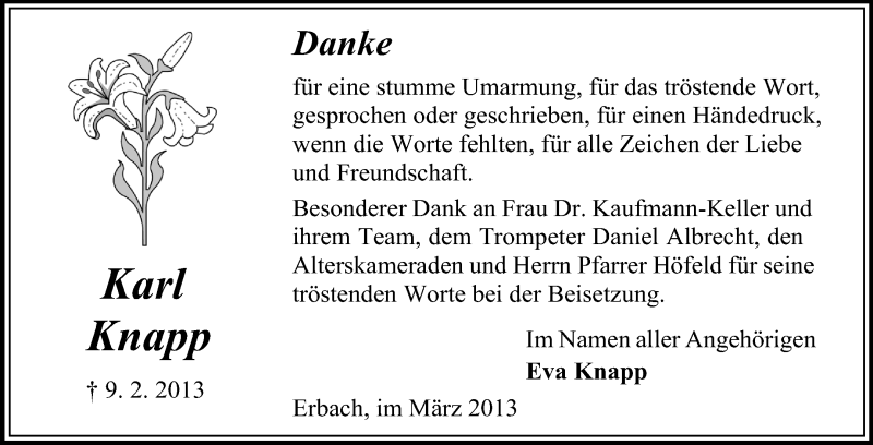  Traueranzeige für Karl Knapp vom 15.03.2013 aus Odenwälder Echo