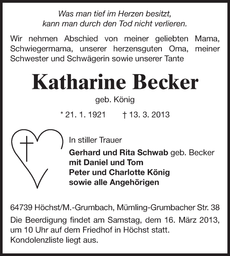  Traueranzeige für Katharine Becker vom 15.03.2013 aus Odenwälder Echo
