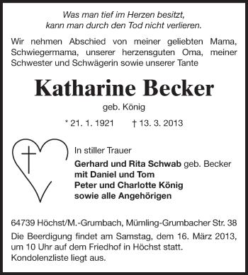 Traueranzeige von Katharine Becker von Odenwälder Echo