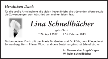 Traueranzeige von Lina Schnellbächer von Echo-Zeitungen (Gesamtausgabe)
