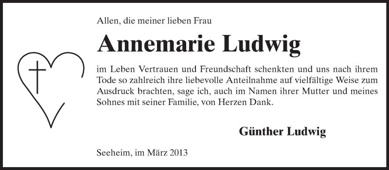  Traueranzeige für Annemarie Ludwig vom 16.03.2013 aus Echo-Zeitungen (Gesamtausgabe)