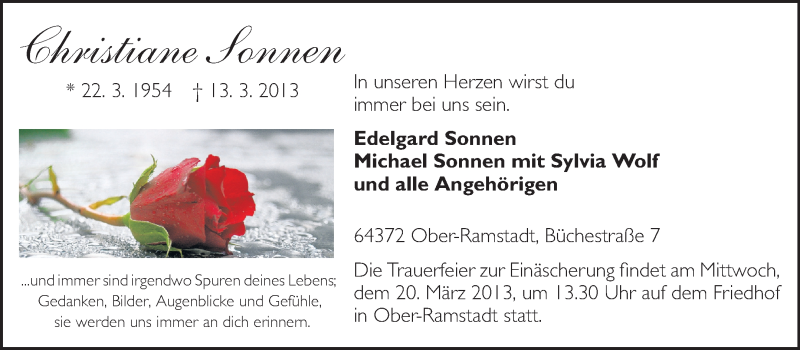  Traueranzeige für Christiane Sonnen vom 16.03.2013 aus Echo-Zeitungen (Gesamtausgabe)