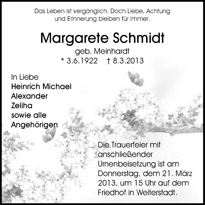  Traueranzeige für Margarete  Schmidt vom 16.03.2013 aus Echo-Zeitungen (Gesamtausgabe)