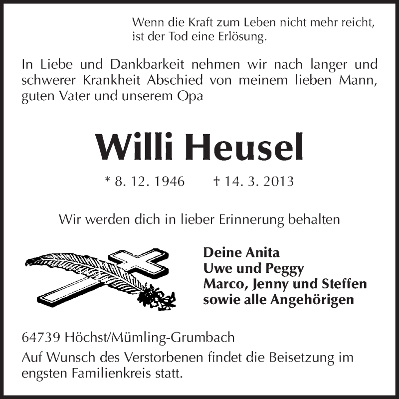  Traueranzeige für Anita Heusel vom 18.03.2013 aus Odenwälder Echo