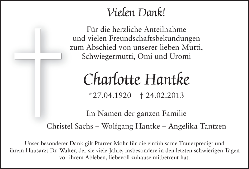  Traueranzeige für Charlotte Hantke vom 30.03.2013 aus Echo-Zeitungen (Gesamtausgabe)