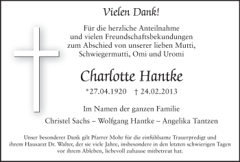 Traueranzeige von Charlotte Hantke von Echo-Zeitungen (Gesamtausgabe)