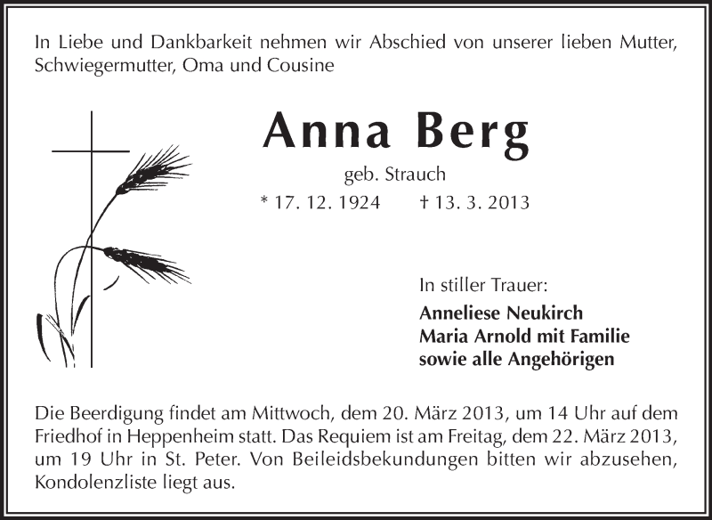  Traueranzeige für Anna Berg vom 16.03.2013 aus Starkenburger Echo