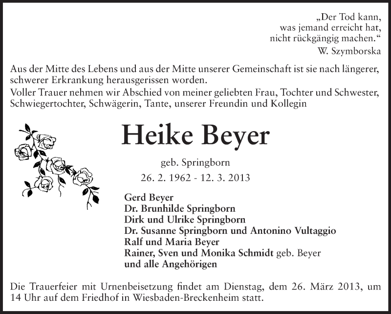  Traueranzeige für Heike Beyer vom 16.03.2013 aus Echo-Zeitungen (Gesamtausgabe)