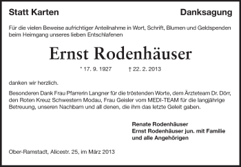 Traueranzeige von Ernst Rodenhäuser von Echo-Zeitungen (Gesamtausgabe)