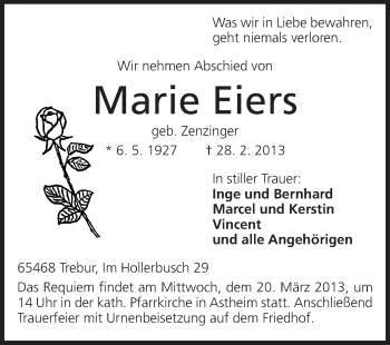 Traueranzeige von Marie Eiers von Rüsselsheimer Echo, Groß-Gerauer-Echo, Ried Echo