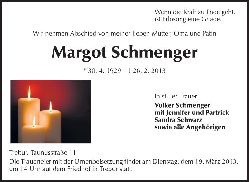  Traueranzeige für Margot Schmenger vom 16.03.2013 aus Rüsselsheimer Echo, Groß-Gerauer-Echo, Ried Echo