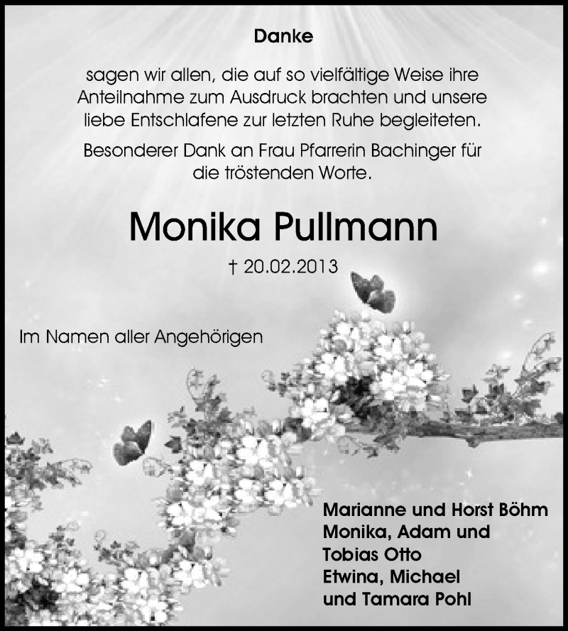  Traueranzeige für Monika Pullmann vom 21.03.2013 aus Echo-Zeitungen (Gesamtausgabe)
