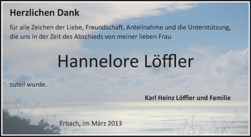 Traueranzeige für Hannelore Löffler vom 16.03.2013 aus Odenwälder Echo