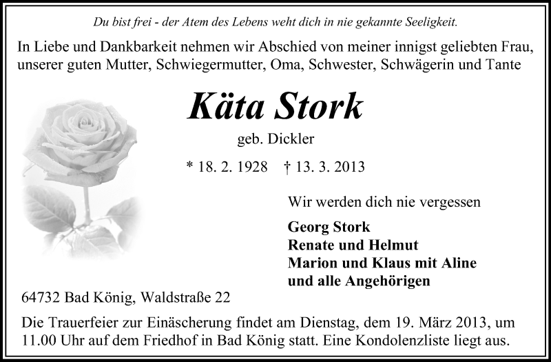  Traueranzeige für Käta Stork vom 16.03.2013 aus Echo-Zeitungen (Gesamtausgabe)