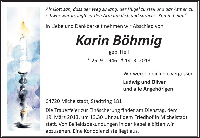  Traueranzeige für Karin Böhmig vom 16.03.2013 aus Odenwälder Echo