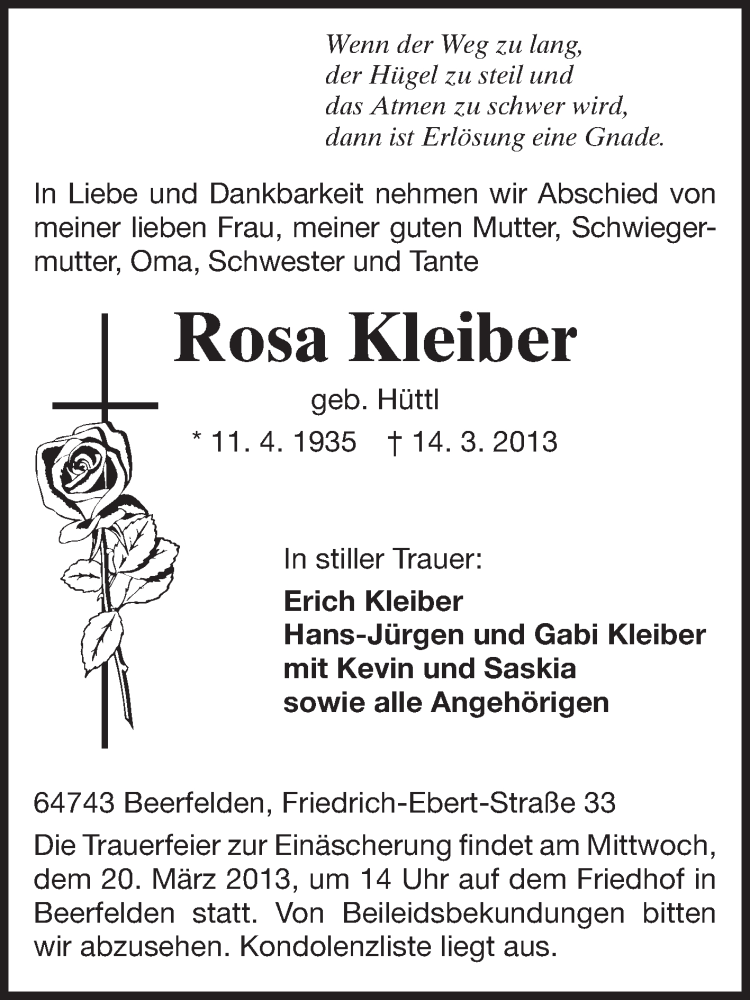  Traueranzeige für Rosa Kleiber vom 18.03.2013 aus Odenwälder Echo