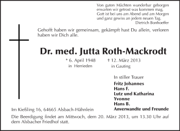 Traueranzeige von Jutta Roth-Mackrodt von Echo-Zeitungen (Gesamtausgabe)