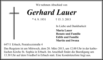 Traueranzeige von Gerhard Lauer von Odenwälder Echo