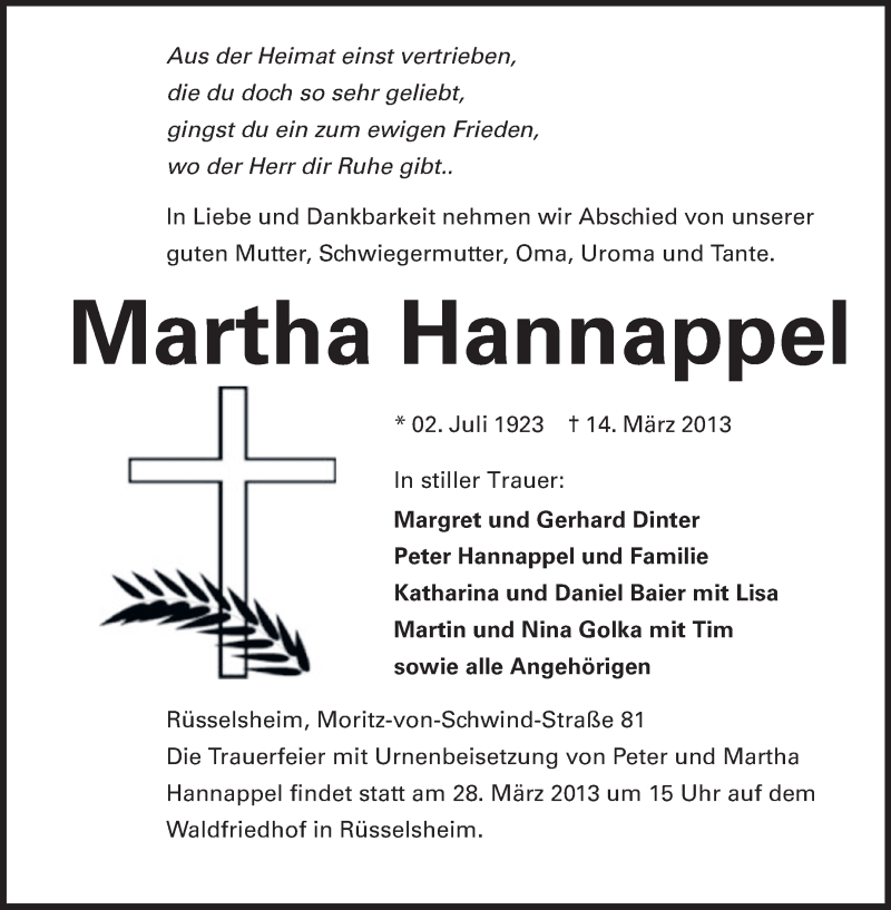  Traueranzeige für Martha Hannappel vom 23.03.2013 aus Rüsselsheimer Echo, Groß-Gerauer-Echo, Ried Echo