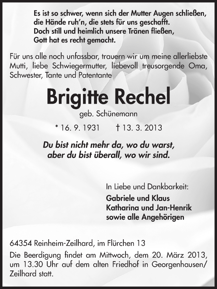  Traueranzeige für Brigitte Rechel vom 18.03.2013 aus Echo-Zeitungen (Gesamtausgabe)