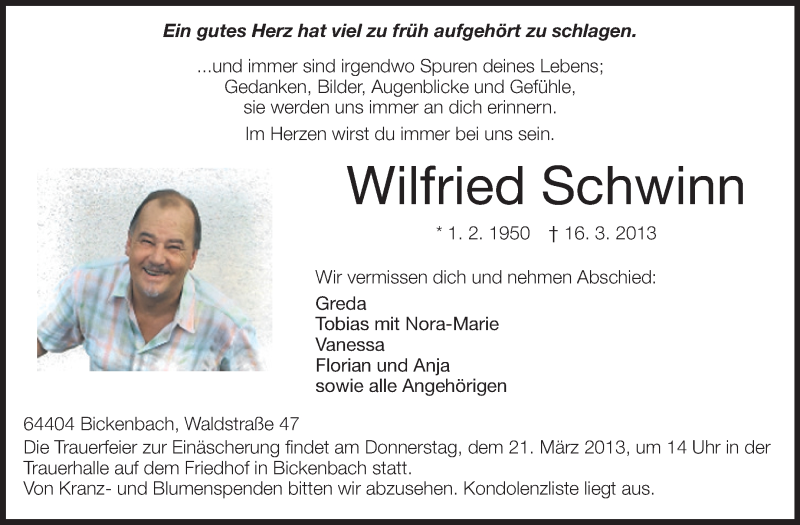  Traueranzeige für Wilfried Schwinn vom 18.03.2013 aus Echo-Zeitungen (Gesamtausgabe)