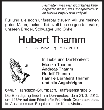 Traueranzeige von Hubert Thamm von Odenwälder Echo