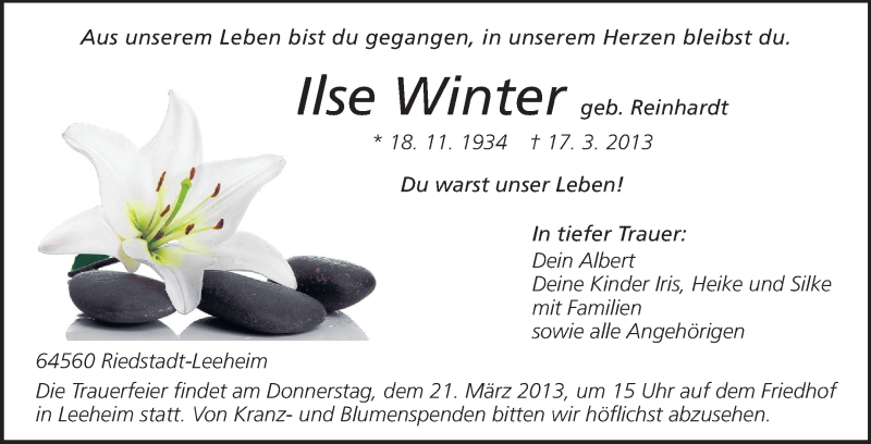  Traueranzeige für Ilse Winter vom 19.03.2013 aus Rüsselsheimer Echo, Groß-Gerauer-Echo, Ried Echo