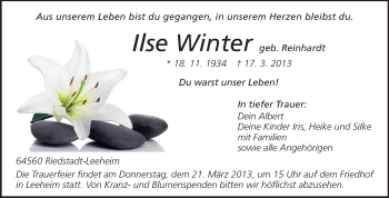 Traueranzeige von Ilse Winter von Rüsselsheimer Echo, Groß-Gerauer-Echo, Ried Echo