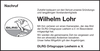 Traueranzeige von Wilhelm Lohr von Rüsselsheimer Echo, Groß-Gerauer-Echo, Ried Echo
