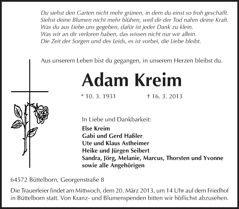  Traueranzeige für Adam Kreim vom 19.03.2013 aus Rüsselsheimer Echo, Groß-Gerauer-Echo, Ried Echo