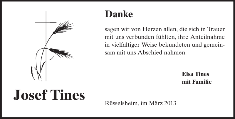  Traueranzeige für Josef Tines vom 23.03.2013 aus Rüsselsheimer Echo, Groß-Gerauer-Echo, Ried Echo