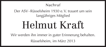 Traueranzeige von Helmut Kraft von Rüsselsheimer Echo, Groß-Gerauer-Echo, Ried Echo