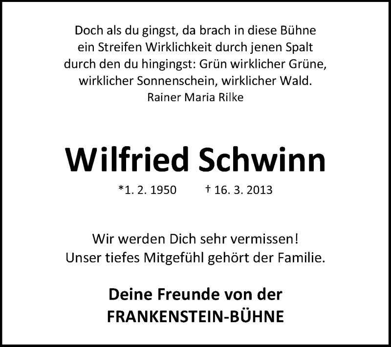  Traueranzeige für Wilfried Schwinn vom 19.03.2013 aus Echo-Zeitungen (Gesamtausgabe)