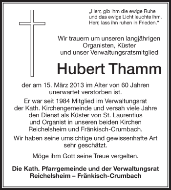 Traueranzeige von Hubert Thamm von Odenwälder Echo