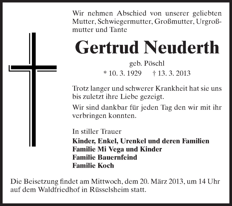  Traueranzeige für Gertrud Neuderth vom 19.03.2013 aus Rüsselsheimer Echo, Groß-Gerauer-Echo, Ried Echo
