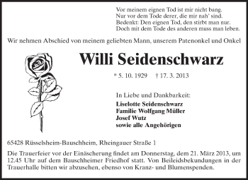 Traueranzeige von Willi Seidenschwarz von Rüsselsheimer Echo, Groß-Gerauer-Echo, Ried Echo